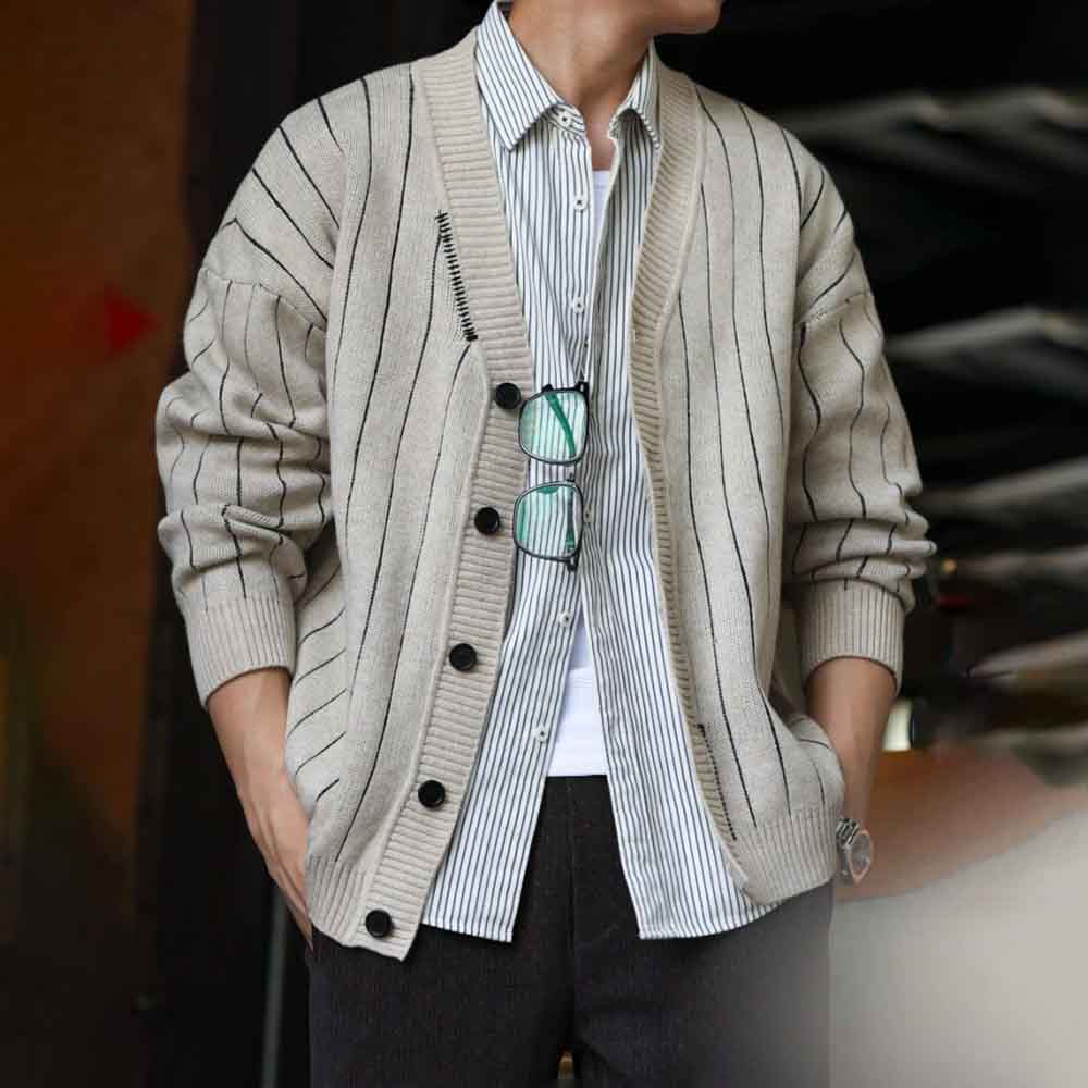 Street Fashion Trend 2025 - 2025 Winter New Men's Striped Long-Sleeve