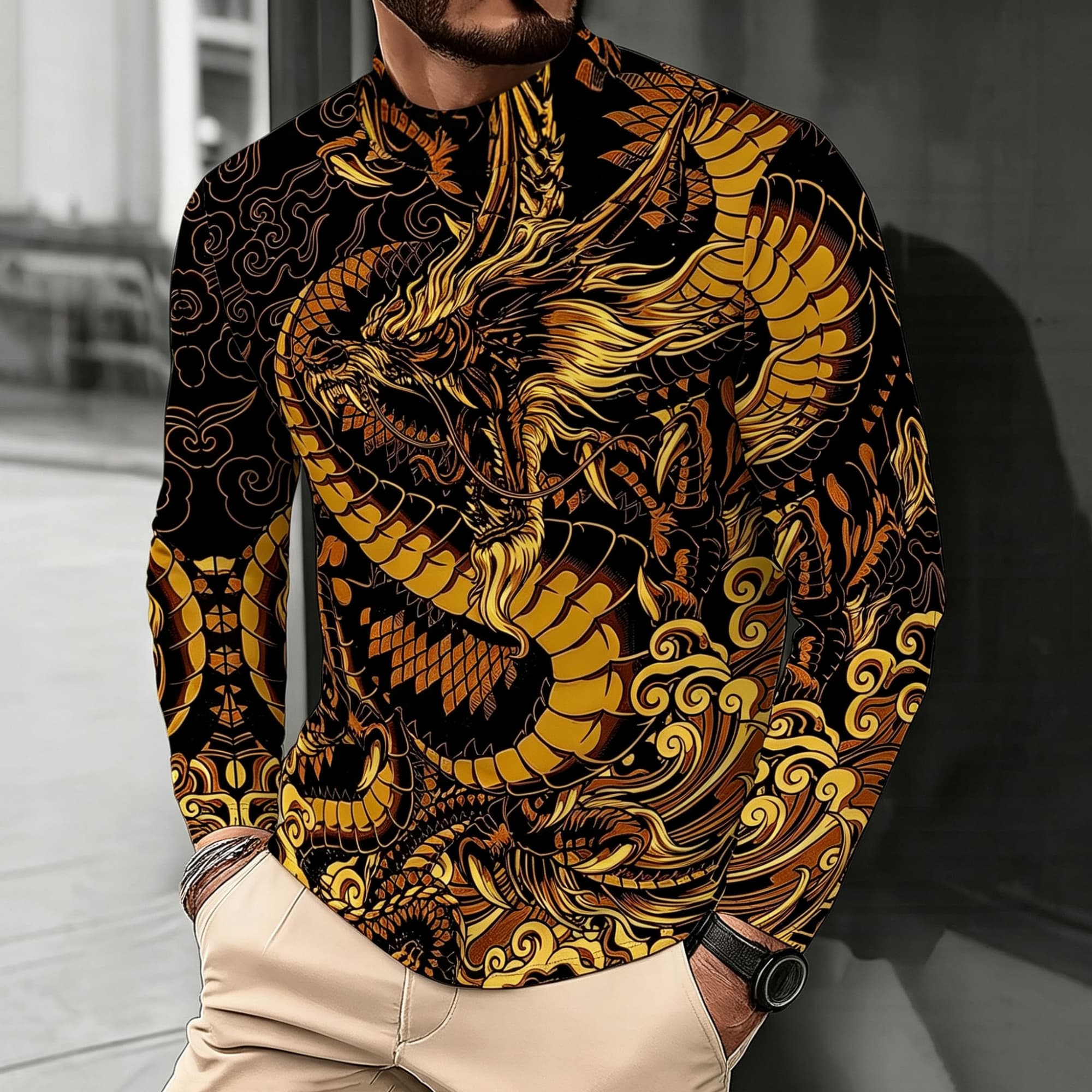 Men Mock Neck Long Sleeve Top, - огляд і ціна Street Fashion Asian